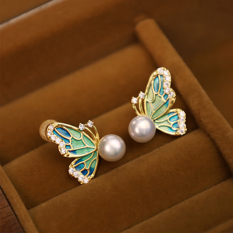 Wear FengShui 925 Sterling Silver Posts 18K Gold Plated Copper Natural Pearl Butterfly Healing Stud Earrings