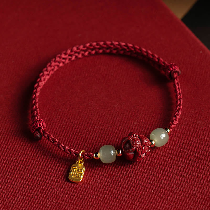 Wear FengShui Natural Cinnabar Chinese Zodiac Hetian Jade Fu Character Luck Rope Bracelet