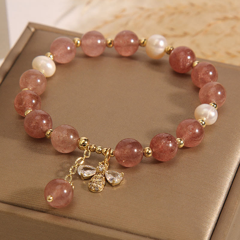 Wear FengShui Strawberry Quartz Pearl Cute Zircon Honeybee Positive Charm Bracelet