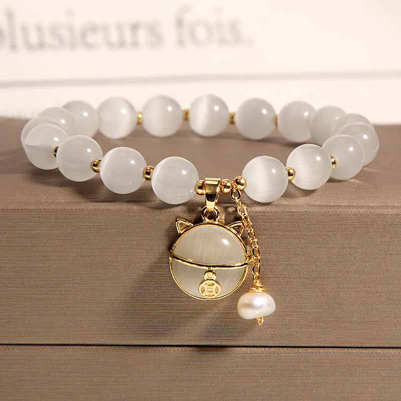 Wear FengShui Cat's Eye Lovely Cat Pattern Pearl Love Charm Bracelet