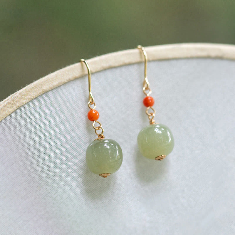 Wear FengShui 925 Sterling Silver Plated 14k Gold Hetian Jade Red Agate Luck Drop Dangle Earrings