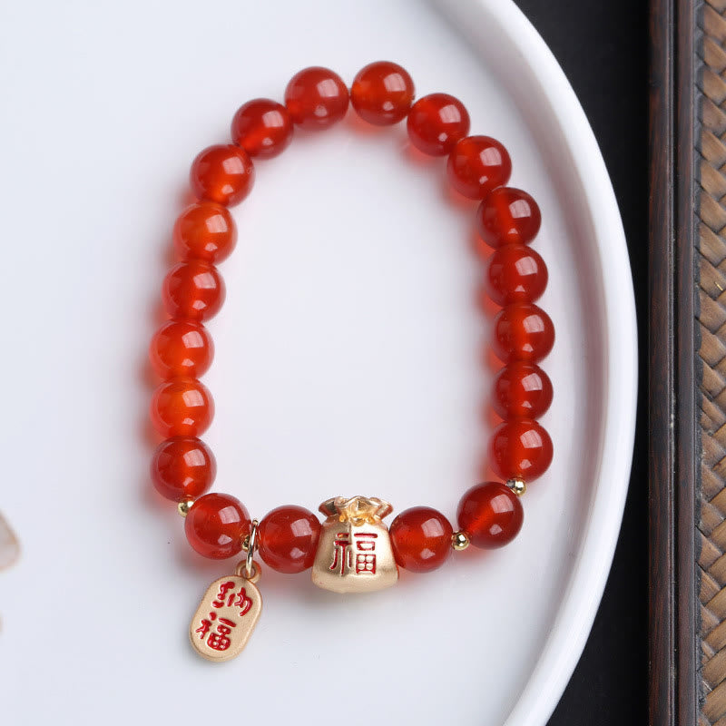 Wear FengShui Natural White Agate Red Agate Money Bag Fu Character Four Leaf Clover Protection Bracelet