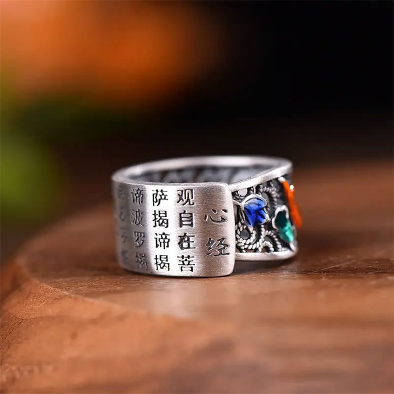 Wear FengShui Copper Blue Enamel Lotus Heart Sutra Koi Fish Luck Ring