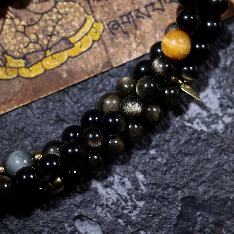 Wear FengShui 108 Mala Beads Gold Sheen Obsidian Tiger Eye Eagle's Eye Stone Wealth Bracelet