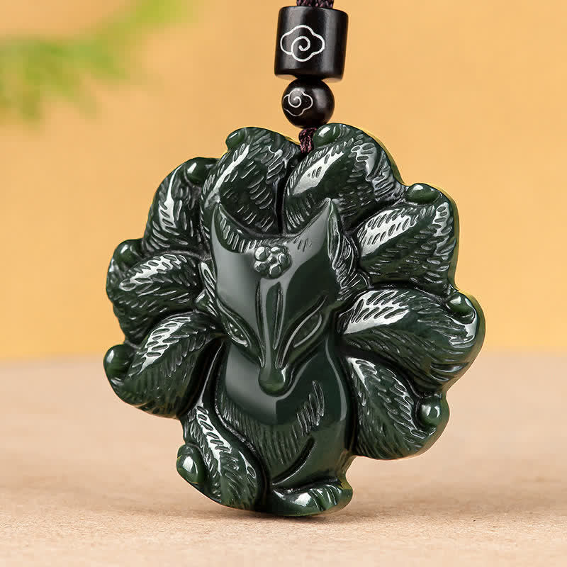 Wear FengShui Hetian Cyan Jade Nine Tailed Fox Luck Necklace String Pendant