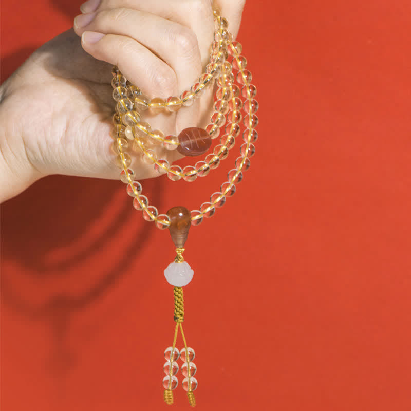 Wear FengShui 108 Mala Beads 925 Sterling Silver Natural Citrine Red Agate White Jade Prosperity Charm Bracelet