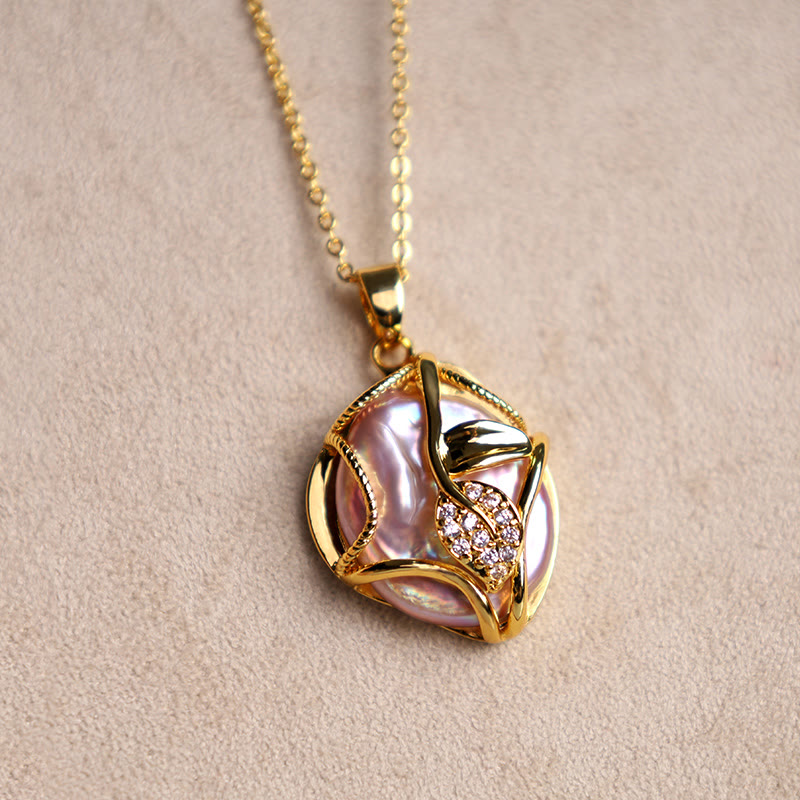 Wear FengShui 18K Gold Plated Copper Natural Baroque Pearl Flower Sincerity Necklace Pendant