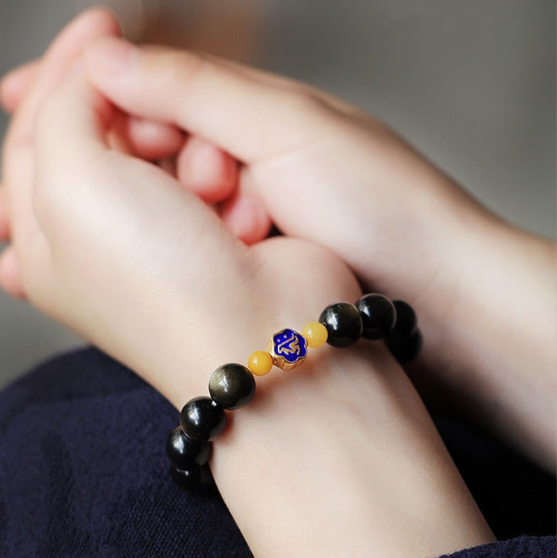 Wear FengShui 925 Sterling Silver Chinese Zodiac Natal Buddha Natural Gold Sheen Obsidian Amber Wealth Protection Bracelet
