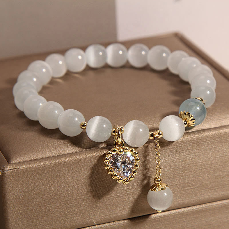Wear FengShui Cat's Eye Crystal Heart Zircon Charm Peace Love Bracelet