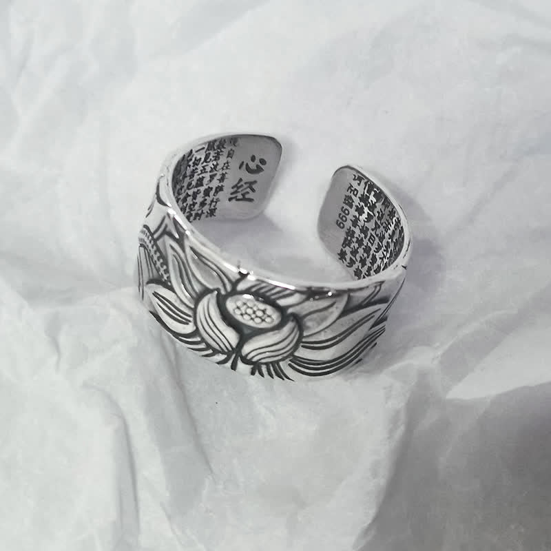 Wear FengShui 999 Sterling Silver Lotus Symbol Heart Sutra Protection Ring