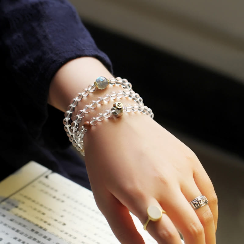 Wear FengShui 925 Sterling Silver Chinese Zodiac Natal Buddha White Crystal Meditation Triple Wrap Bracelet