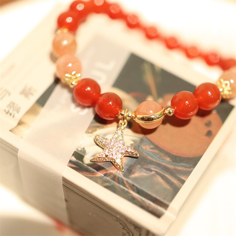 Wear FengShui Sun Stone Peach Moonstone Red Agate Crystal Star Wealth Bracelet
