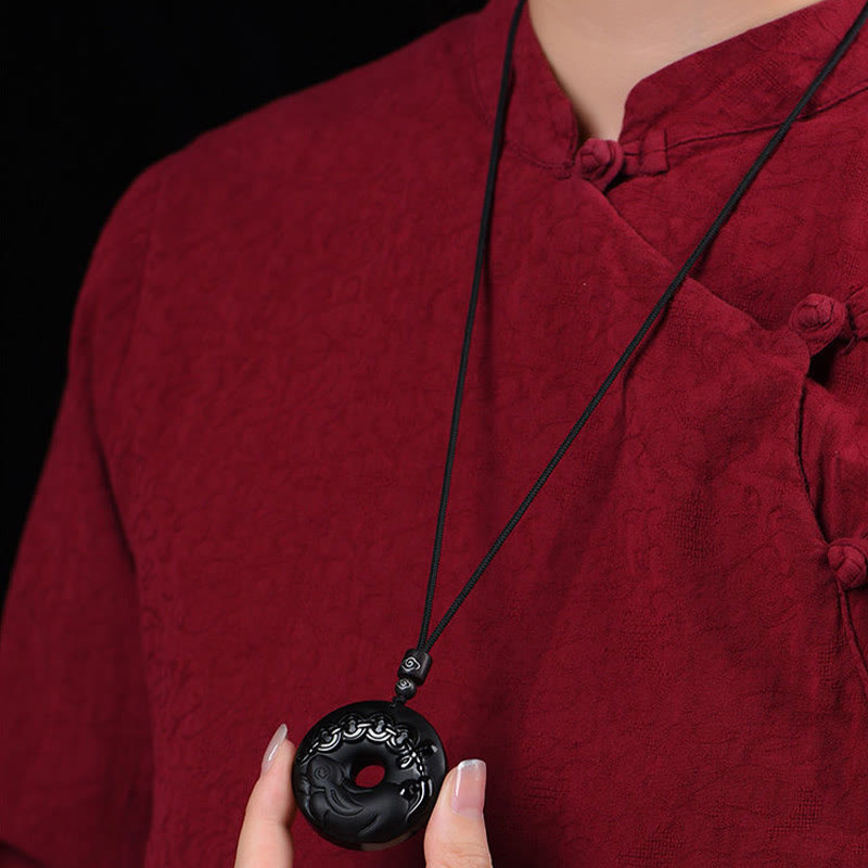 Wear FengShui Chinese Zodiac Natural Black Obsidian Peace Buckle Strength Necklace Pendant