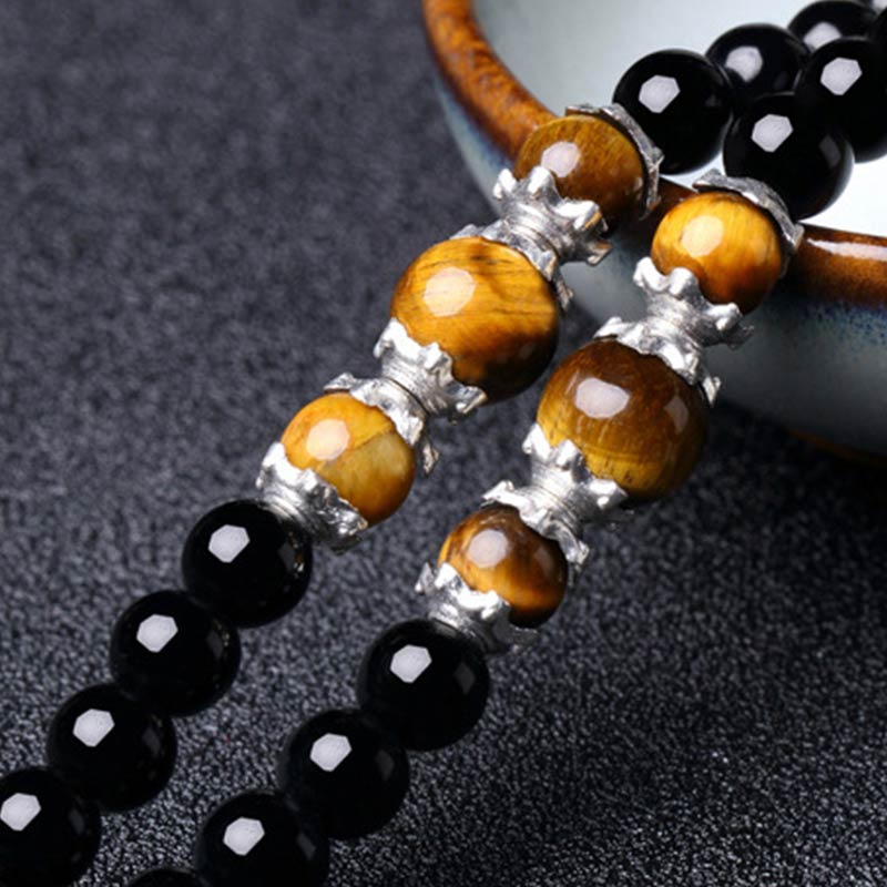 Wear FengShui 108 Beads Natural Black Obsidian Tiger Eye Mala Bracelet