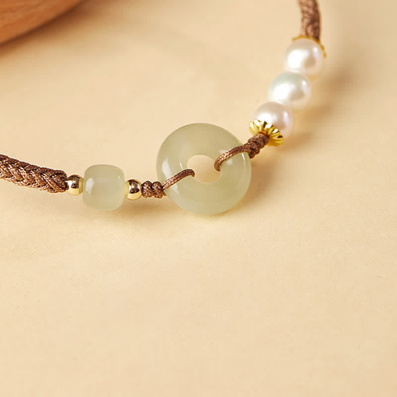 Wear FengShui Natural Hetian Jade Pearl Peace Buckle Luck Bracelet