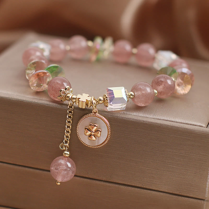 Wear FengShui Strawberry Quartz Lucky Four Leaf Clover Healing Charm Bracelet
