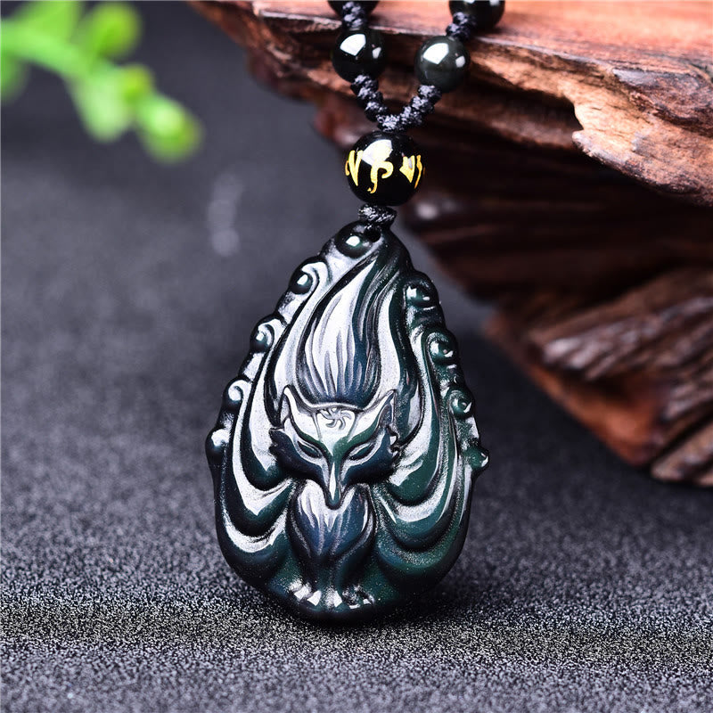 Wear FengShui Natural Rainbow Obsidian Nine Tailed Fox Inner Peace Necklace Beaded String Pendant