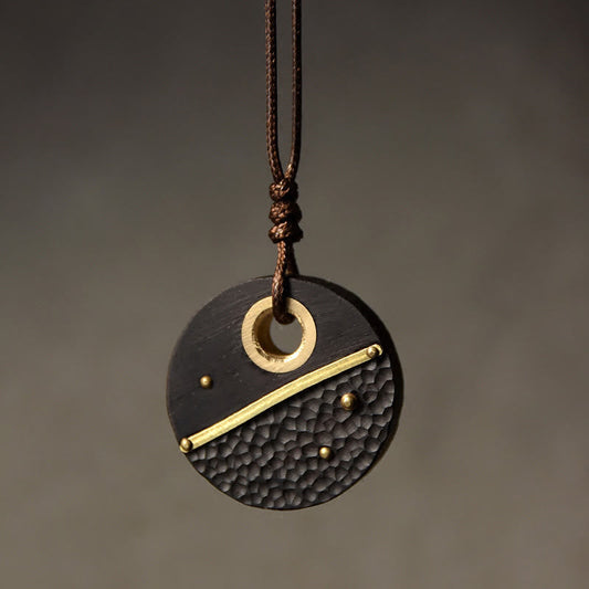 Wear FengShui Handcrafted Round Ebony Wood Brass Copper Peace Necklace Pendant