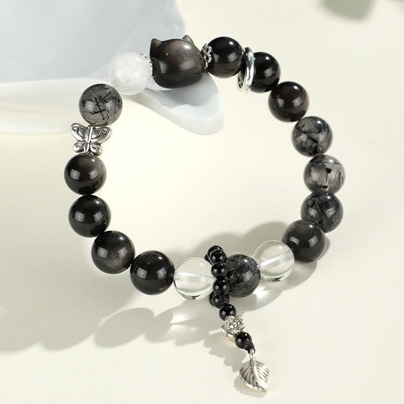 Wear FengShui Natural Silver Sheen Obsidian Cat Head Fox Planet Protection Bracelet