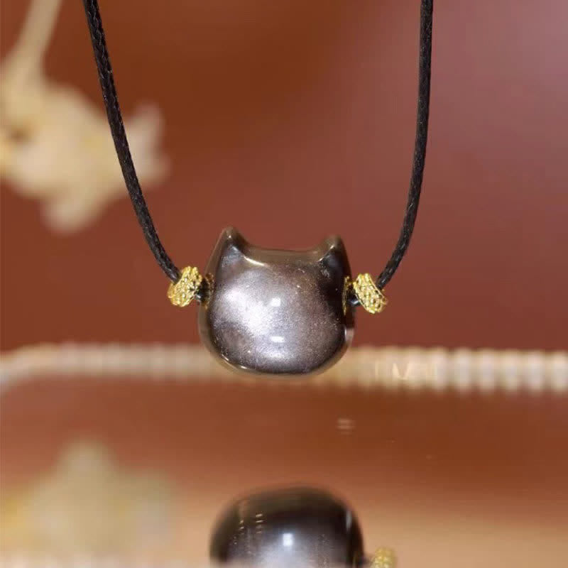 Wear FengShui Gold Sheen Obsidian Silver Sheen Obsidian Lovely Paw Lucky Cat Protection Bracelet