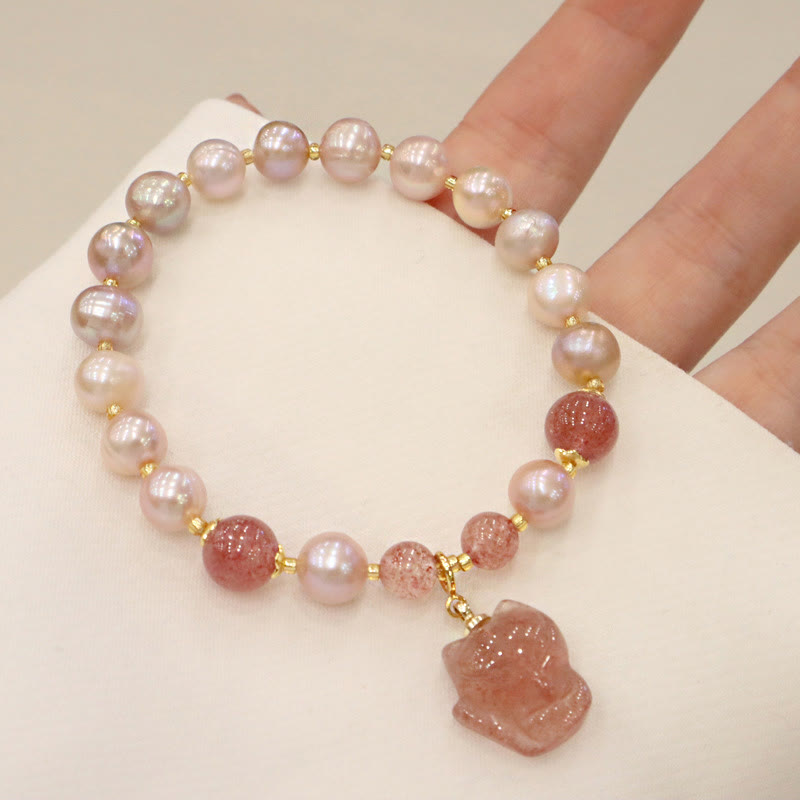 Wear FengShui Natural Pearl Strawberry Quartz Cute Fox Love Healing Charm Bracelet