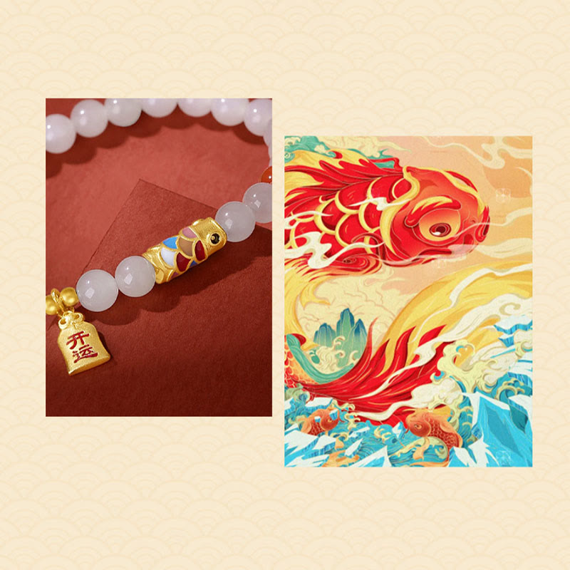 Wear FengShui 925 Sterling Silver Hetian White Jade Red Agate Koi Fish Luck Happiness Bracelet