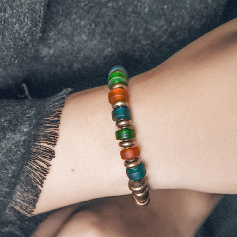 Wear FengShui Tibetan Colorful Glass Beads Copper Wealth Bracelet