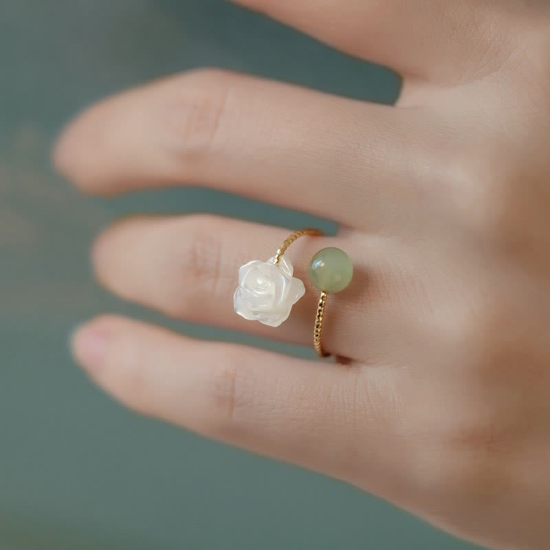 Wear FengShui 14K Gold Plated Tridacna Stone Rose Flower Jade Bead Blessing Ring