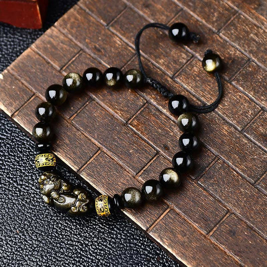 Wear FengShui Natural Gold Sheen Obsidian PiXiu Om Mani Padme Hum Wealth Braided Bracelet