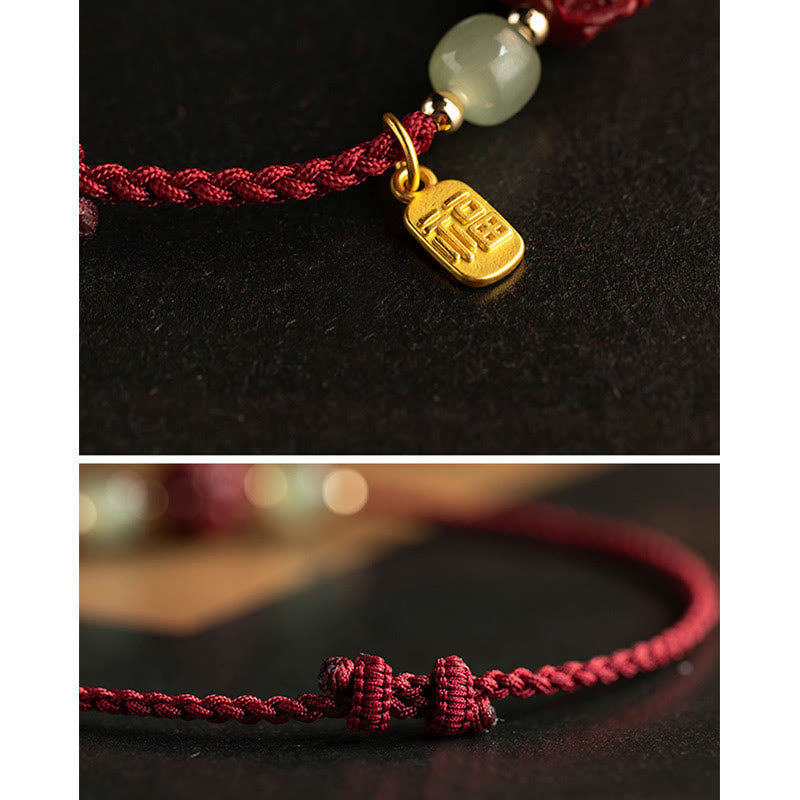 Wear FengShui Natural Cinnabar Chinese Zodiac Hetian Jade Fu Character Luck Rope Bracelet