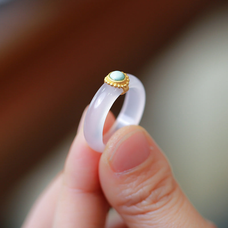 Wear FengShui White Agate Cyan Jade Turquoise Red Agate Luck Protection Ring