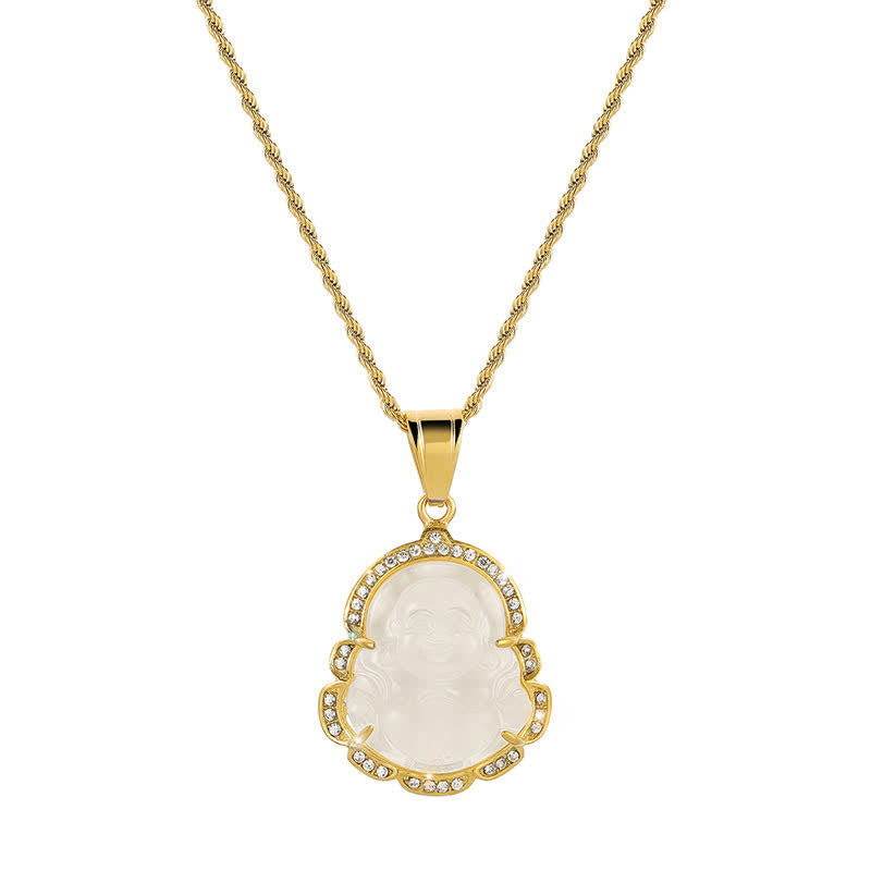 Wear FengShui 18K Gold Filled Laughing Buddha Jade Luck Necklace Chain Pendant