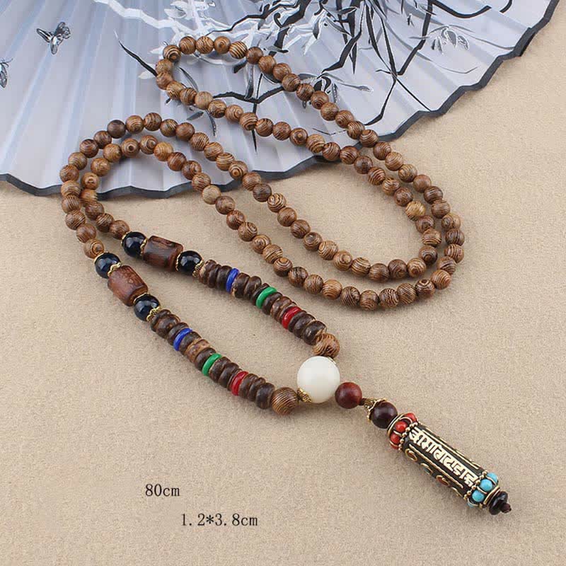Wear FengShui Tibetan Om Mani Padme Hum Dzi Bead Wenge Wood Necklace Pendant