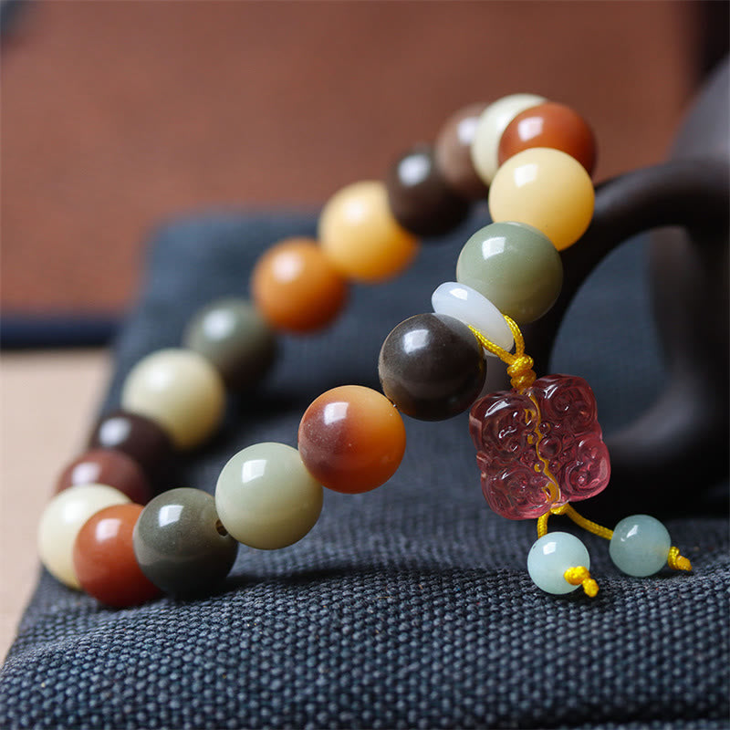 Wear FengShui Natural Multicolored Gradient Bodhi Seed Liuli Glass Charm Peace Bracelet