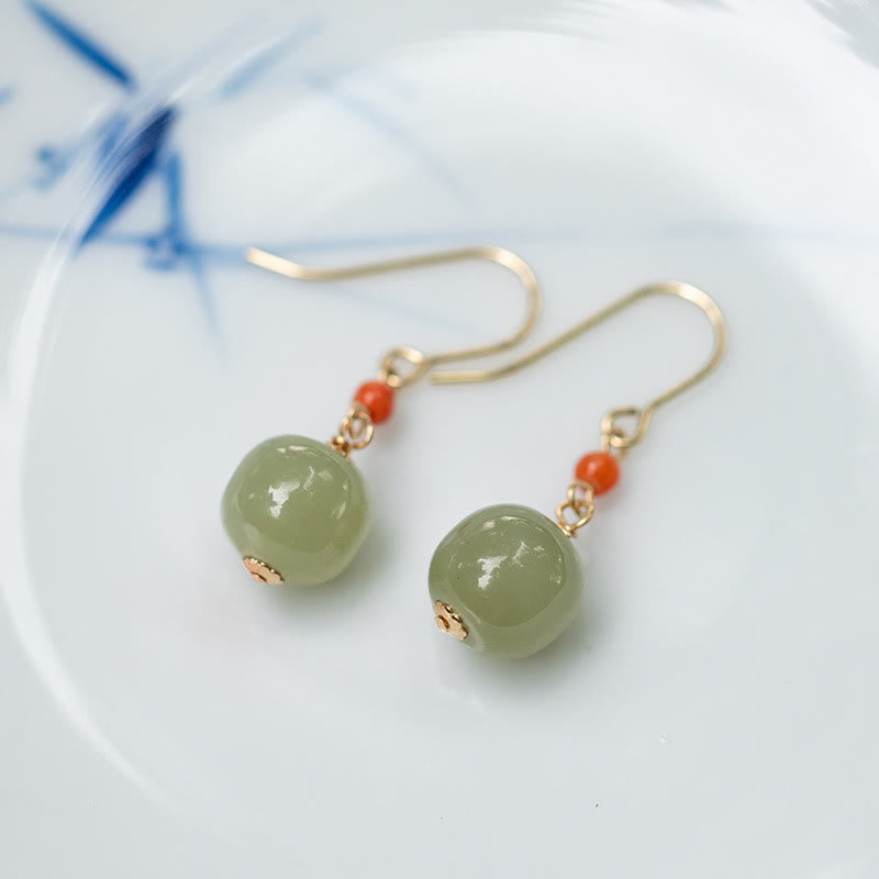 Wear FengShui 925 Sterling Silver Plated 14k Gold Hetian Jade Red Agate Luck Drop Dangle Earrings
