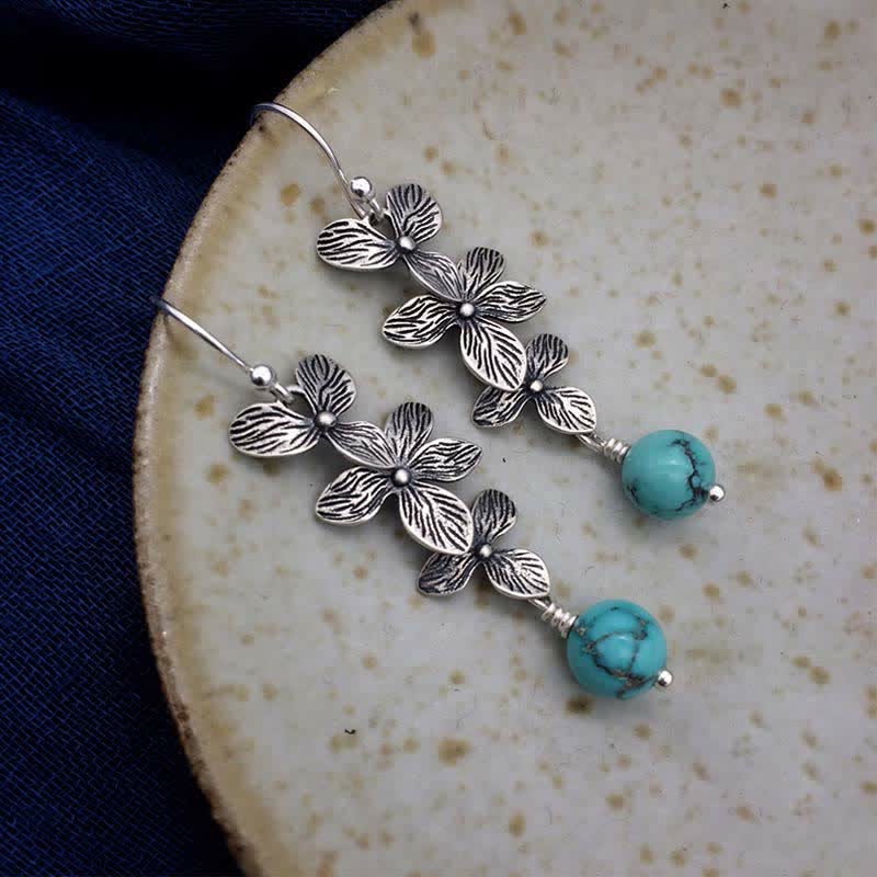 Wear FengShui 925 Sterling Silver Turquoise Lazurite Flower Leaf Serenity Protection Hook Drop Dangle Earrings
