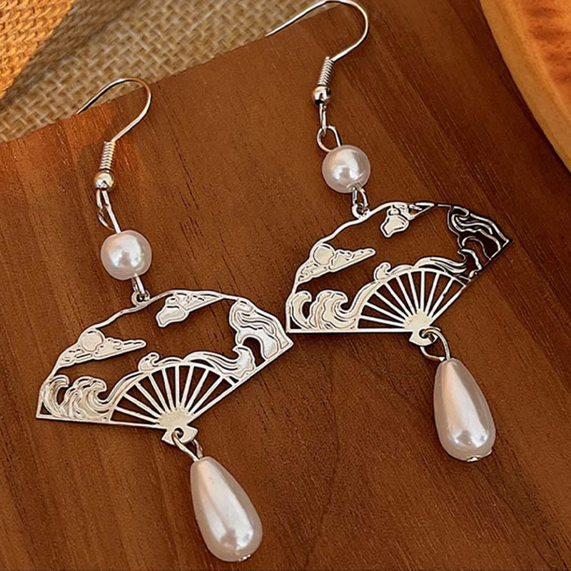 Wear FengShui Copper Fan Auspicious Clouds Pearl Healing Drop Earrings