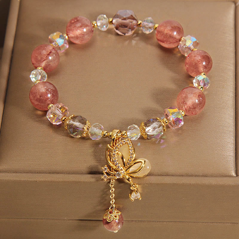 Wear FengShui Natural Strawberry Quartz Healing Positive Butterfly Charm Bracelet