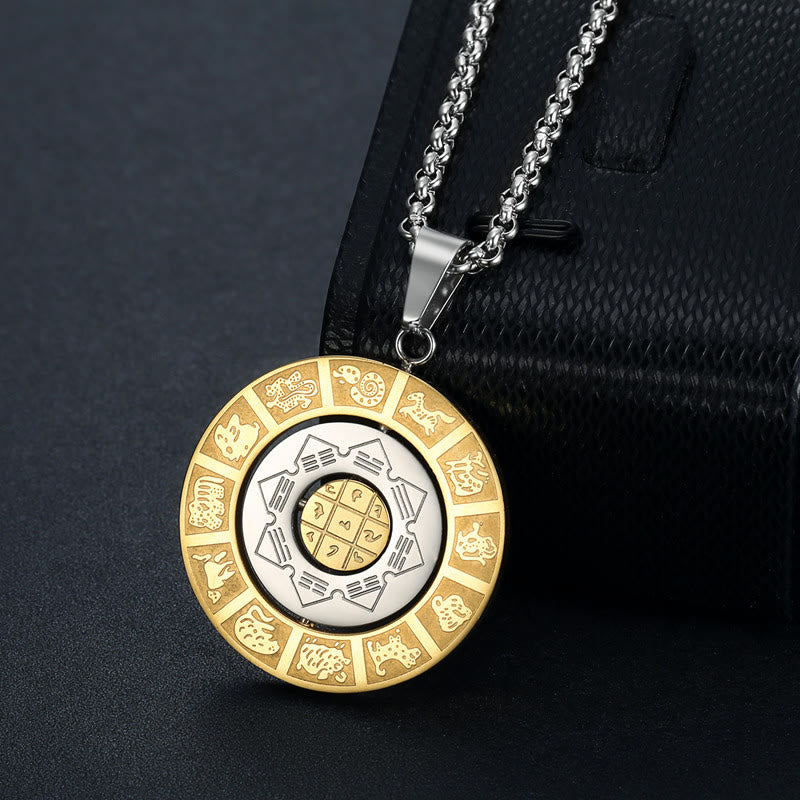Wear FengShui Chinese Zodiac Nine Palaces Eight Diagrams Bagua Amulet Harmony Necklace Rotatable Pendant