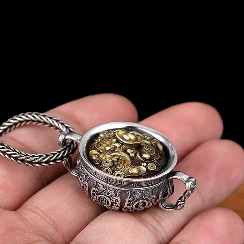 Wear FengShui Treasure Bowl Copper Coin Ingots Wealth Necklace Pendant
