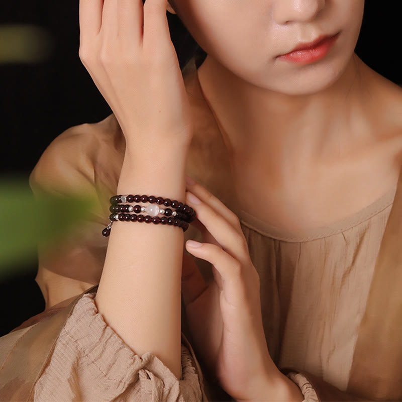 Wear FengShui 925 Sterling Silver Natural Garnet Cat Eye Protection Triple Wrap Bracelet