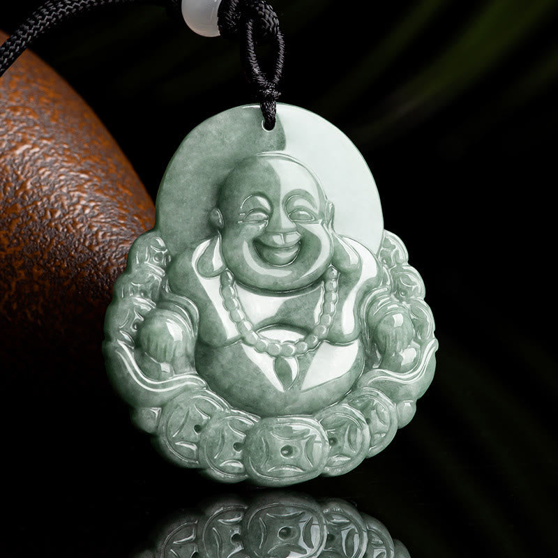 Wear FengShui Laughing Buddha Natural Jade Copper Coin Abundance Necklace Pendant