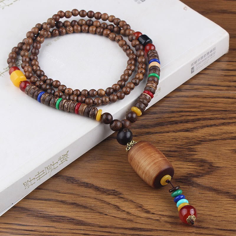 Wear FengShui Tibetan Wenge Wood Bodhi Seed Agate Balance Peace Necklace Pendant