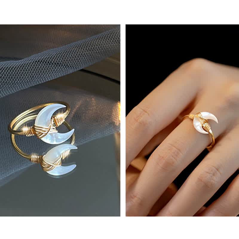 Wear FengShui Natural Tridacna Stone Moon 14K Gold Blessing Ring