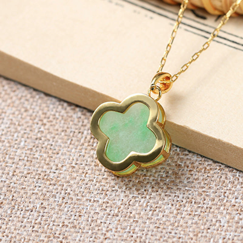 Wear FengShui Four Leaf Clover Jade Pattern Luck Necklace Pendant