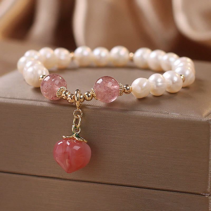 Wear FengShui Natural Pearl Strawberry Quartz Peach Love Heart Wisdom Charm Bracelet
