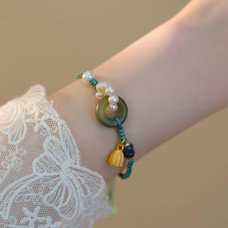 Wear FengShui Natural Hetian Jade Peace Buckle Pearl Luck Handcrafted Braided Bracelet