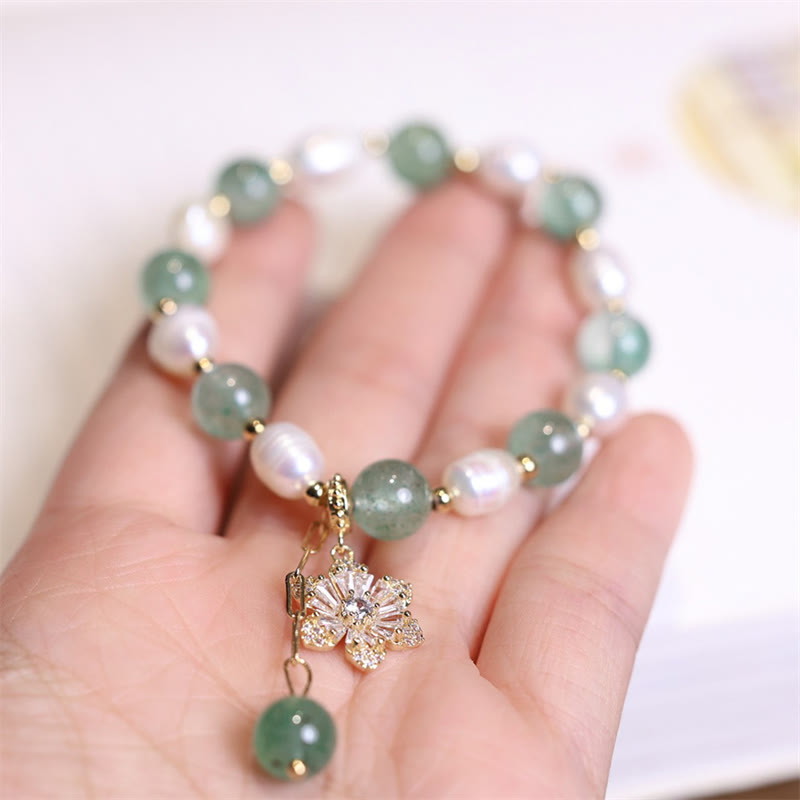 Wear FengShui Natural Green Strawberry Quartz Pearl Flower Charm Love Bracelet