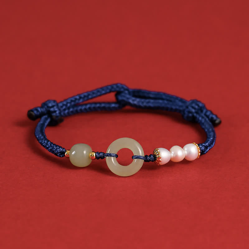 Wear FengShui Natural Hetian Jade Pearl Peace Buckle Luck Bracelet