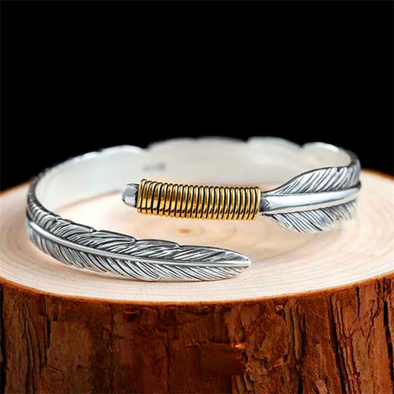Wear FengShui Feather Pattern Engraved Luck Cuff Bracelet Bangle
